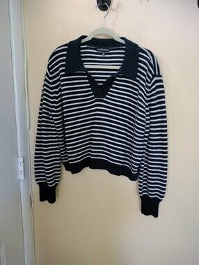 Embossed Navy White Striped Cropped Cotton Blend Polo Sweater XL Boxy Oversized